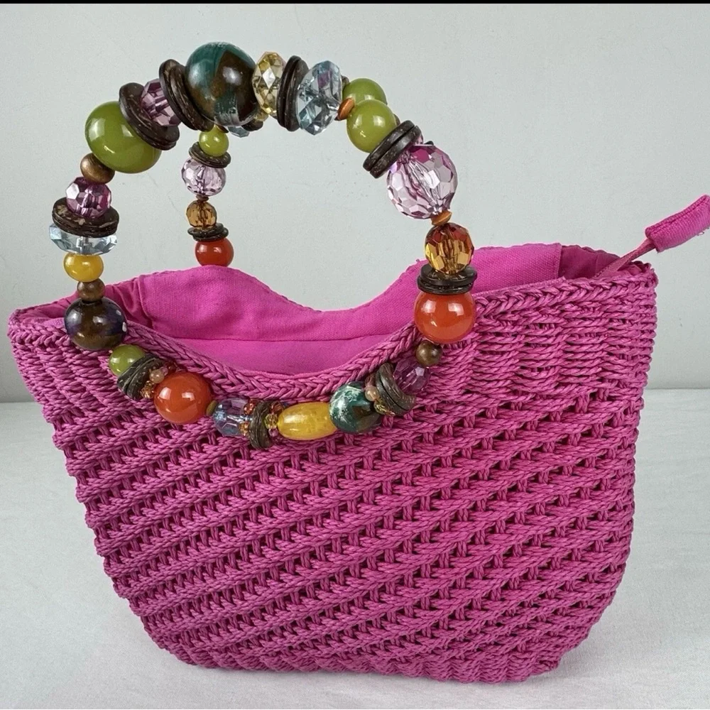 Cappelli Straworld Fuchsia Tote with Beaded Handle - Picture 9 of 12
